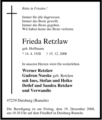 Traueranzeige von Frieda Retzlaw von Tageszeitung