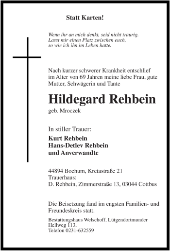 Traueranzeige von Hildegard Rehbein von Tageszeitung