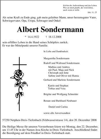 Traueranzeige von Albert Sondermann von Tageszeitung