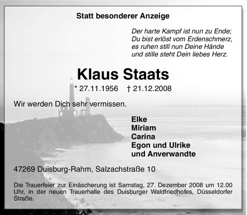  Traueranzeige für Klaus Staats vom 23.12.2008 aus Tageszeitung