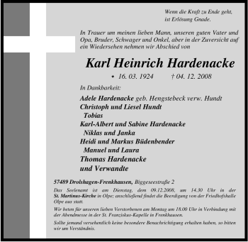 Traueranzeige von Karl Heinrich Hardenacke von Tageszeitung
