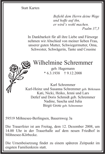 Traueranzeige von Wilhelmine Schremmer von Tageszeitung
