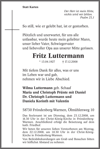 Traueranzeige von Fritz Luttermann von Tageszeitung