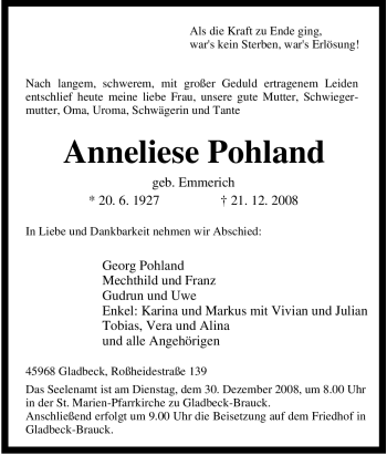 Traueranzeige von Anneliese Pohland von Tageszeitung