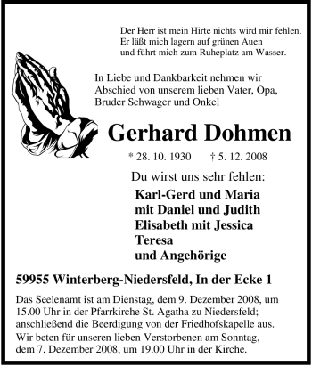 Traueranzeige von Gerhard Dohmen von Tageszeitung