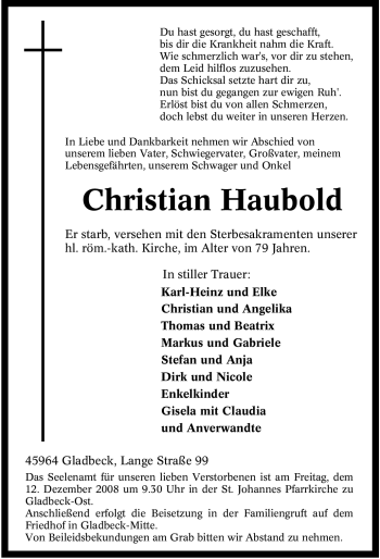 Traueranzeige von Christian Haubold von Tageszeitung