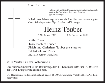 Traueranzeige von Heinz Teuber von Tageszeitung