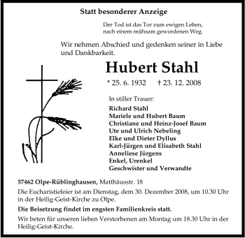 Traueranzeige von Hubert Stahl von Tageszeitung