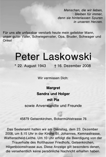 Traueranzeige von Peter Laskowski von Tageszeitung