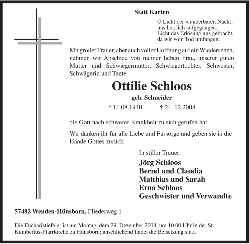  Traueranzeige für Ottilie Schloos vom 27.12.2008 aus Tageszeitung