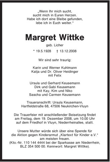 Traueranzeige von Margret Wittke von Tageszeitung