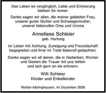 Traueranzeige von Anneliese Schleier von Tageszeitung