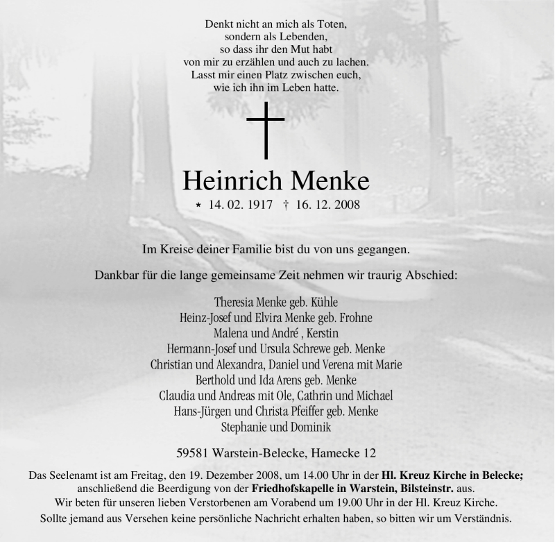  Traueranzeige für Heinrich Menke vom 18.12.2008 aus Tageszeitung