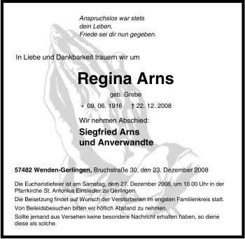 Traueranzeige von Regina Arns von Tageszeitung