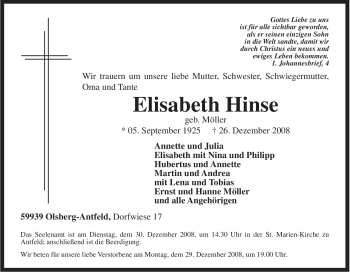 Traueranzeige von Elisabeth Hinse von Tageszeitung