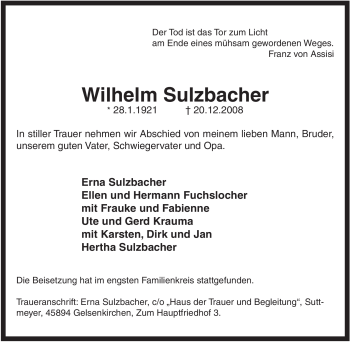 Traueranzeige von Wilhelm Sulzbacher von Tageszeitung