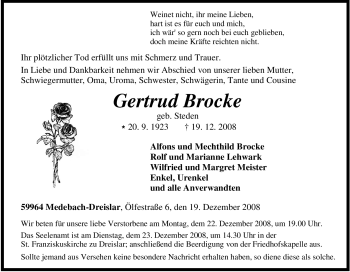 Traueranzeige von Gertrud Brocke von Tageszeitung