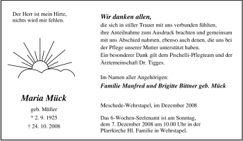 Traueranzeige von Maria Mück von Tageszeitung