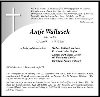 Traueranzeige von Antje Wallusch von Tageszeitung