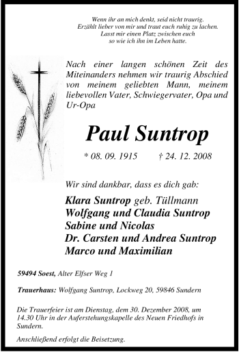 Traueranzeige von Paul Suntrop von Tageszeitung
