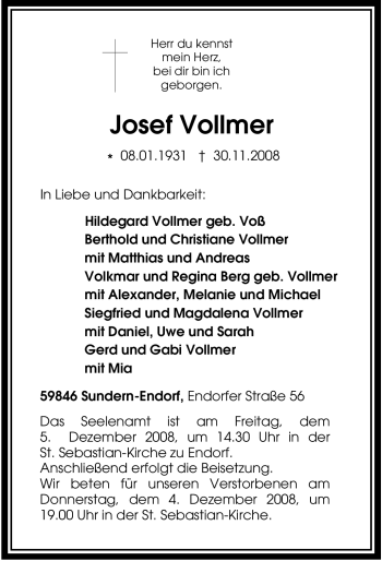 Traueranzeige von Josef Vollmer von Tageszeitung