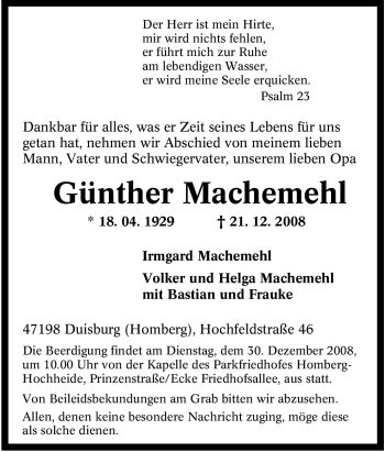 Traueranzeige von Günther Machemehl von Tageszeitung
