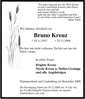 Traueranzeige von Bruno Kreuz von Tageszeitung
