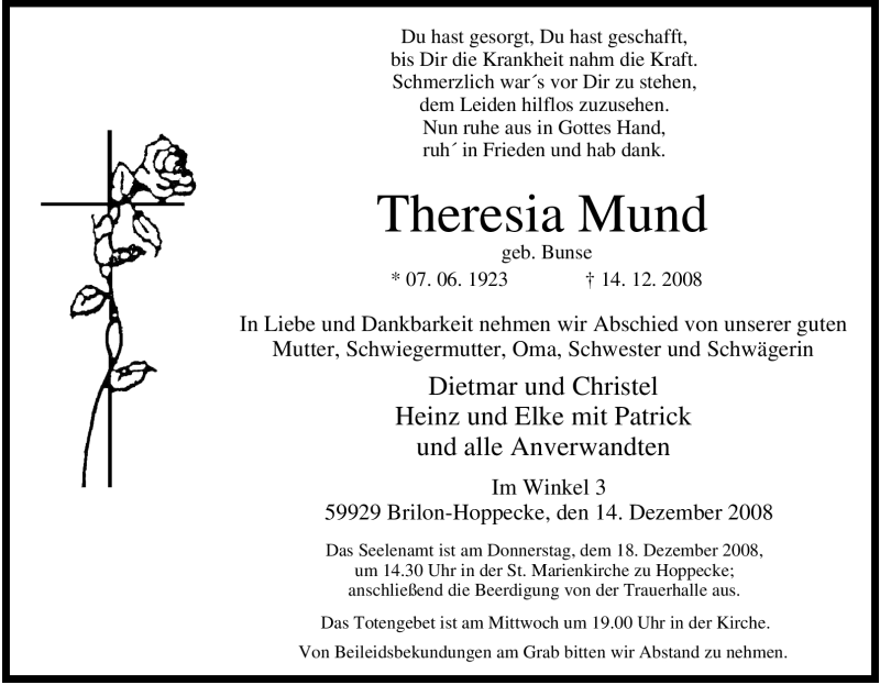  Traueranzeige für Theresia Mund vom 16.12.2008 aus Tageszeitung