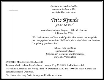 Traueranzeige von Fritz Krauße von Tageszeitung