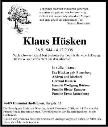 Traueranzeige von Klaus Hüsken von Tageszeitung