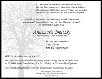 Traueranzeige von Annemarie Breitzke von Tageszeitung