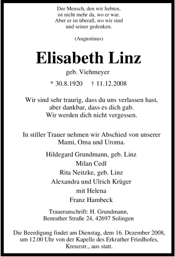 Traueranzeige von Elisabeth Linz von Tageszeitung