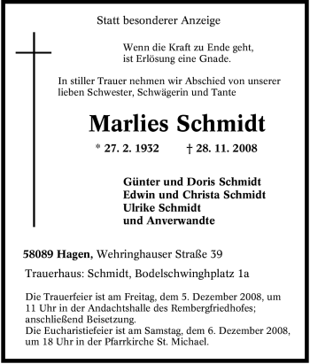 Traueranzeige von Marlies Schmidt von Tageszeitung