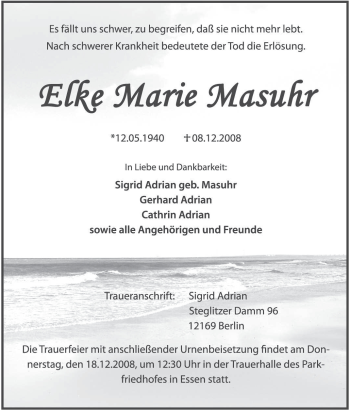 Traueranzeige von Elke Marie Masuhr von Tageszeitung