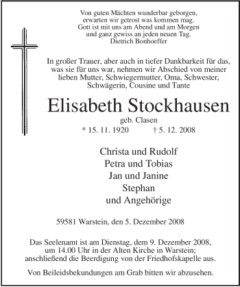 Traueranzeige von Elisabeth Stockhausen von Tageszeitung
