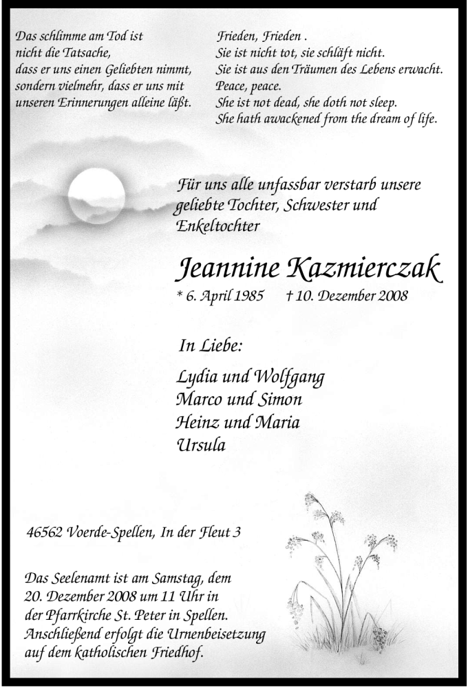  Traueranzeige für Jeannine Kazmierczak vom 16.12.2008 aus Tageszeitung