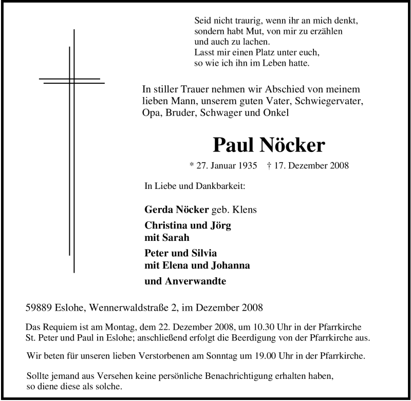  Traueranzeige für Paul Nöcker vom 19.12.2008 aus Tageszeitung