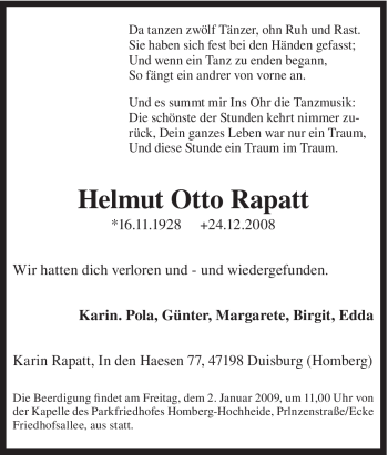 Traueranzeige von Helmut Otto Rapatt von Tageszeitung