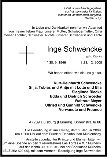 Traueranzeige von Inge Schwencke von Tageszeitung