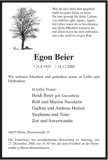 Traueranzeige von Egon Beier von Tageszeitung