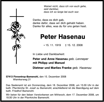 Traueranzeige von Peter Hasenau von Tageszeitung