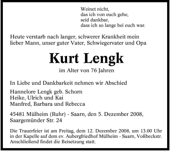 Traueranzeige von Kurt Lengk von Tageszeitung