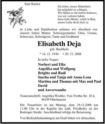 Traueranzeige von Elisabeth Deja von Tageszeitung