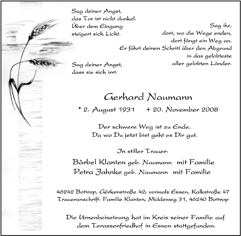  Traueranzeige für Gerhard Naumann vom 10.12.2008 aus Tageszeitung