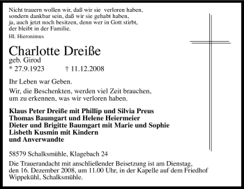 Traueranzeige von Charlotte Dreiße von Tageszeitung