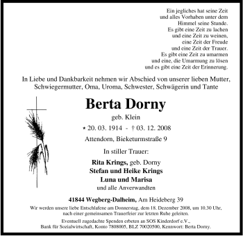 Traueranzeige von Berta Dorny von Tageszeitung