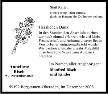 Traueranzeige von Anneliese Risch von Tageszeitung