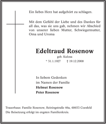 Traueranzeige von Edeltraud Rosenow von Tageszeitung