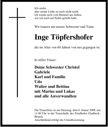 Traueranzeige von Inge Töpfershofer von Tageszeitung