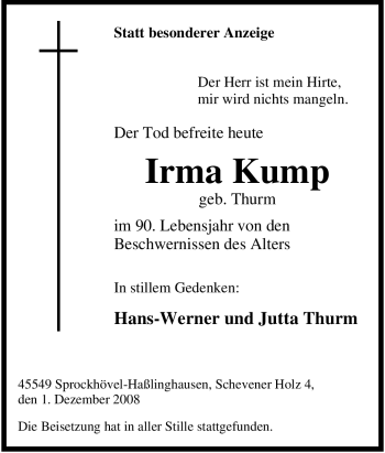 Traueranzeige von Irma Kump von Tageszeitung